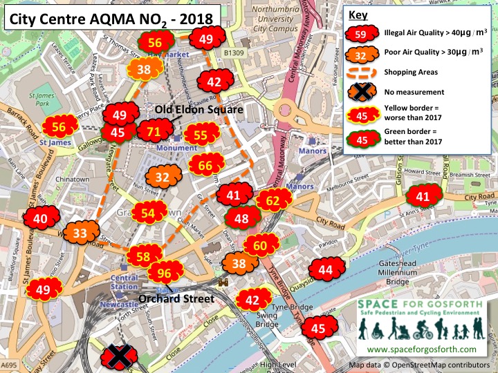 Map of the City Centre Air Quality management area showing 2018 pollution measurements