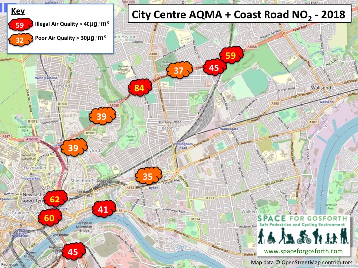 Map of the Central Motorway and Coast Road showing 2018 pollution measurements.