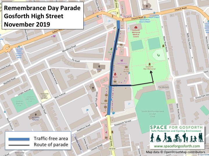 Map of Gosforth High Street showing the traffic-free area and route of the Remembrance Sunday parade.