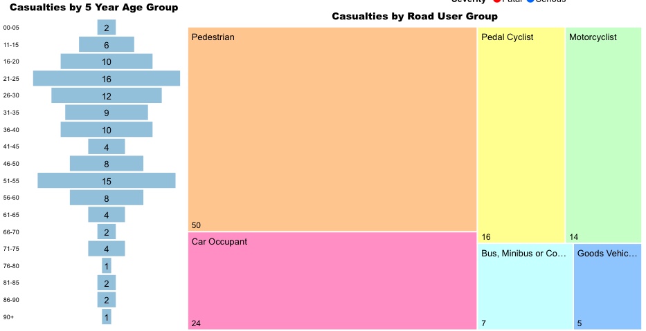 Diagram showing serious injuries and deaths split by 5 year age group and road user group.