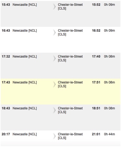 Timetable for trains from Newcastle to Chester-le-Street in the evening.