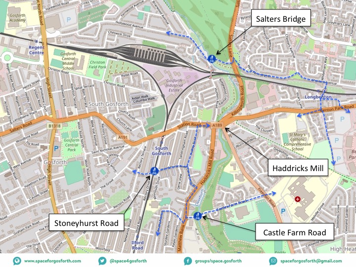 Map of routes across the Ouseburn via local bridges