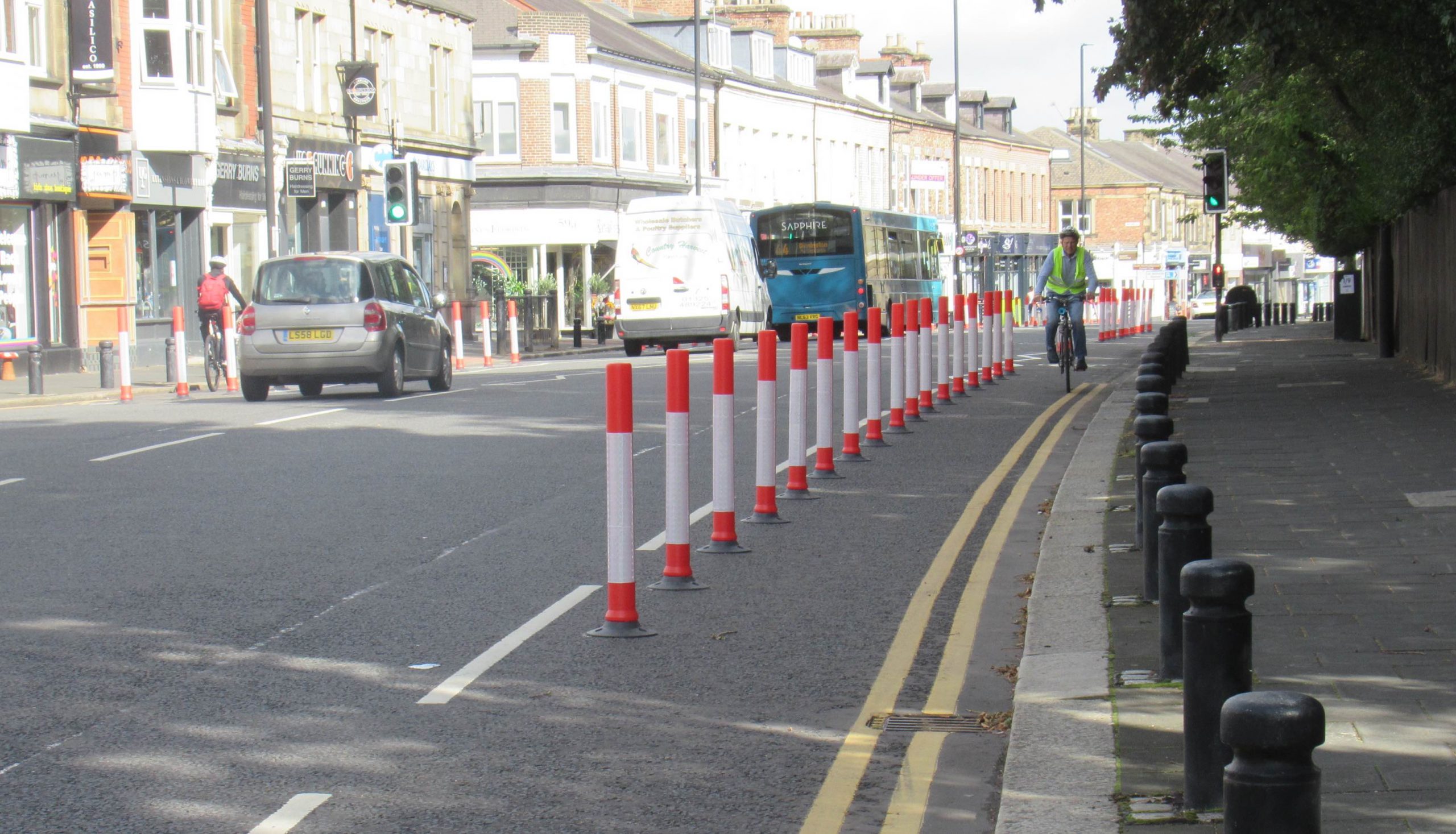 Cycle lane protected by wands southbound by Elmfield Road