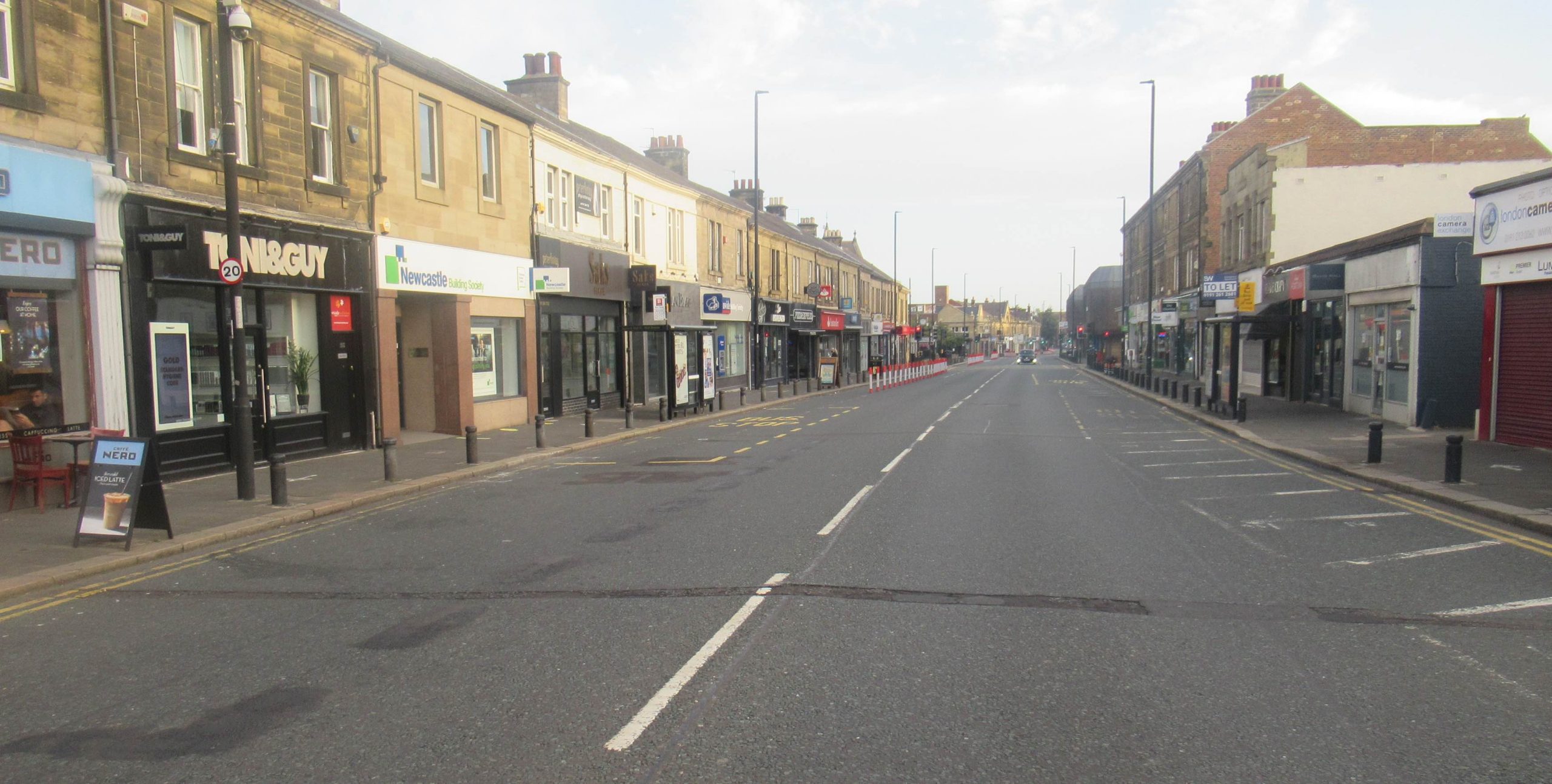 Gosforth High Street looking north from the County showing a very wide road with no measures