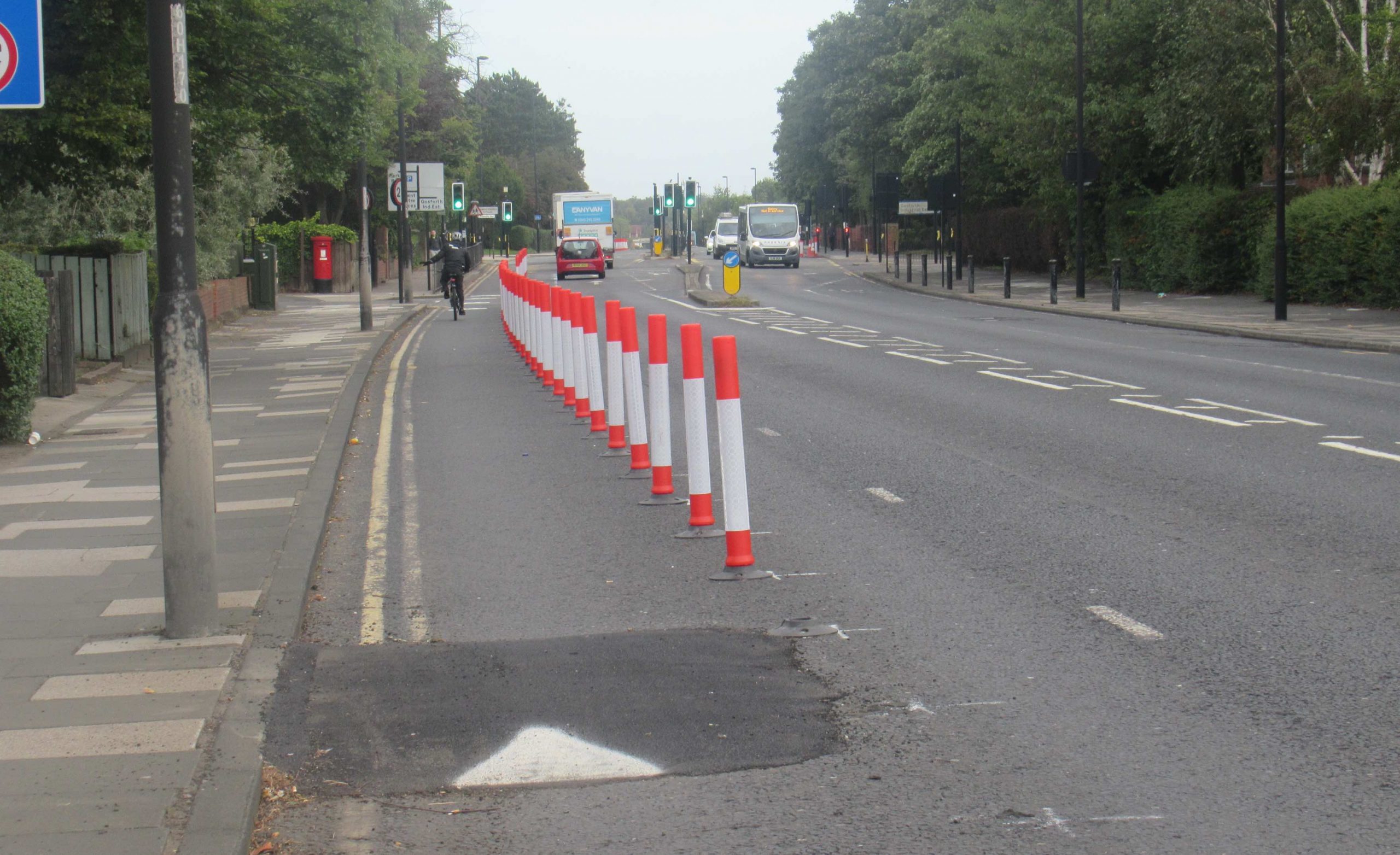 North bound cycle lane protected by wands south of Regent Centre