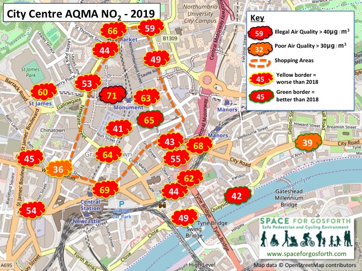 Map showing illegal levels of air quality in 2019 in Newcastle City Centre