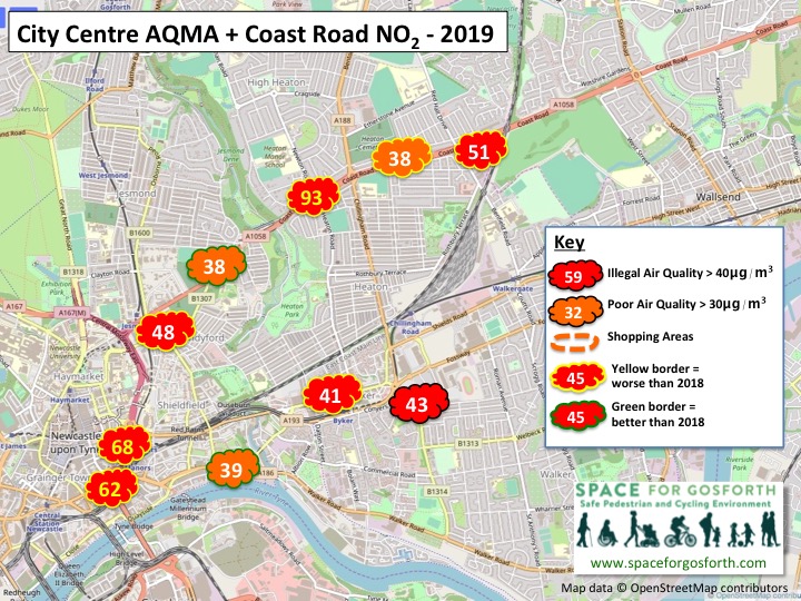 Map showing illegal levels of air quality in 2019 along the Coast Road