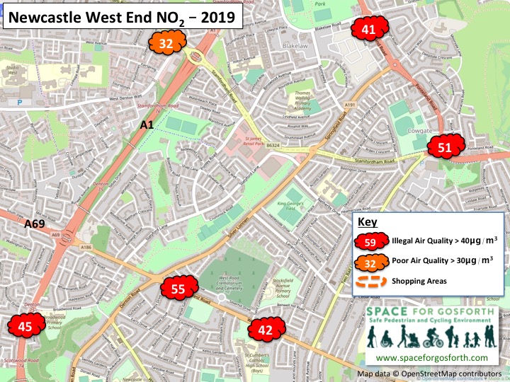 Map showing illegal levels of air quality in 2019 in Newcastle West End