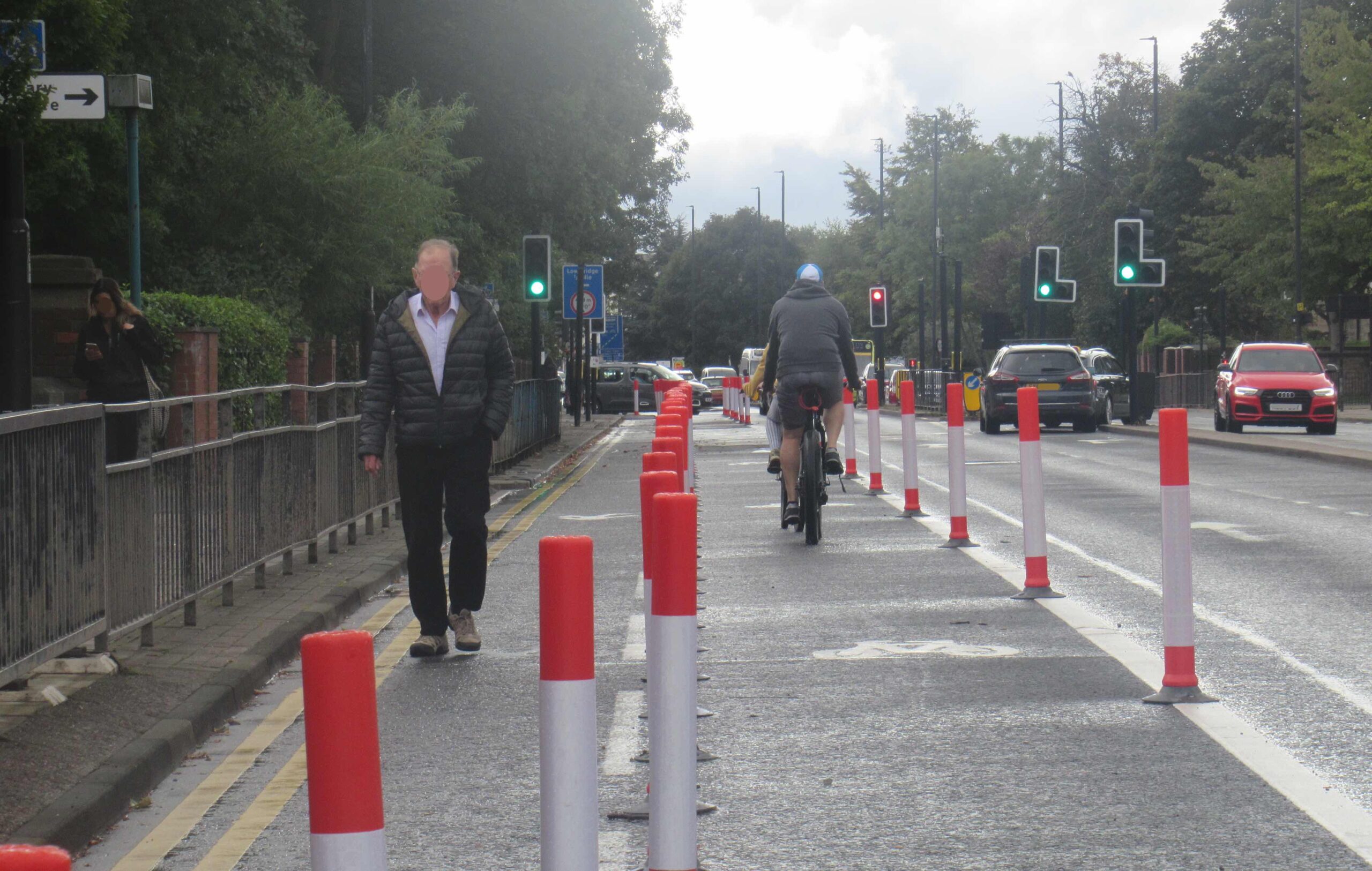 Extra walking and cycling lanes protected by wands, by Regent Centre