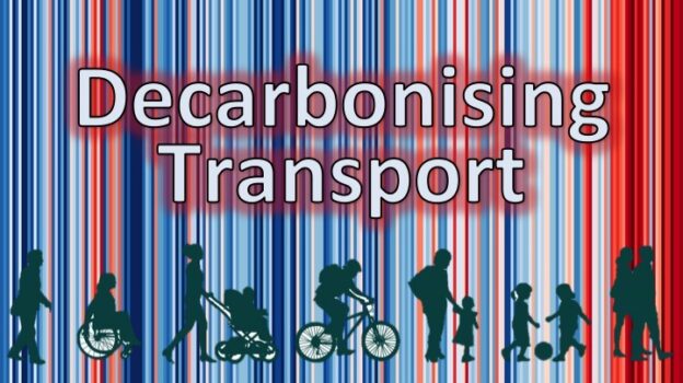 Climate Stripes from Durham overlaid by text 'Decarbonising Transport' and part of the SPACE for Gosforth logo