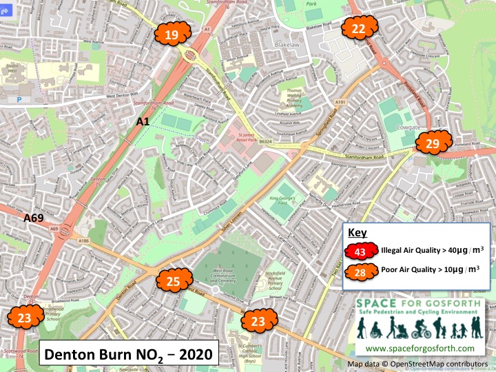 Map showing pollution readings west of the city near Denton Burn. No readings were above the legal limit in 2020.