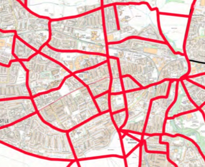 Cycle route network map covering Gosforth