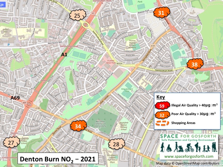 Map of Denton Burn, west of Newcastle, showing locations of air pollution readings. 