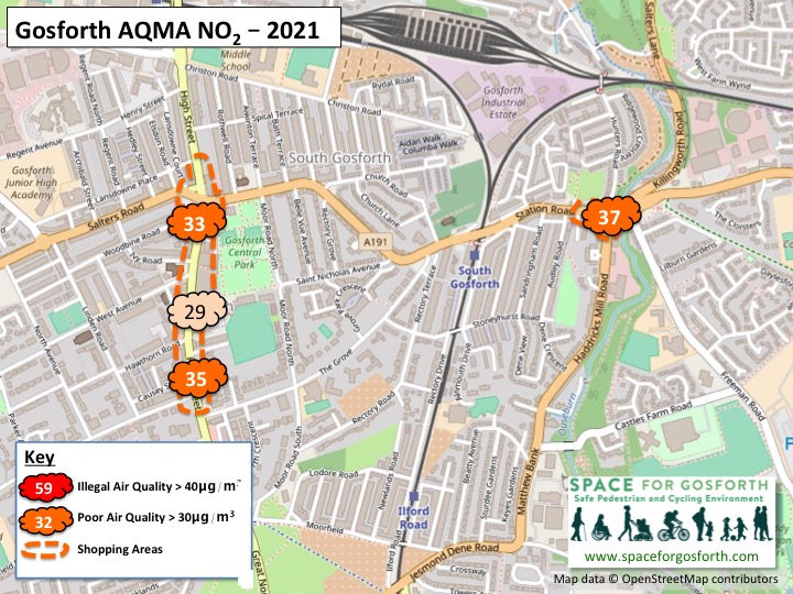 Map of Gosforth showing locations of air pollution readings. 