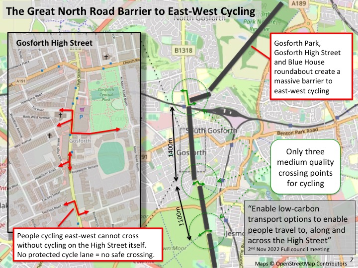 Map showing the lack of safe crossings of Gosforth High Street by bike.