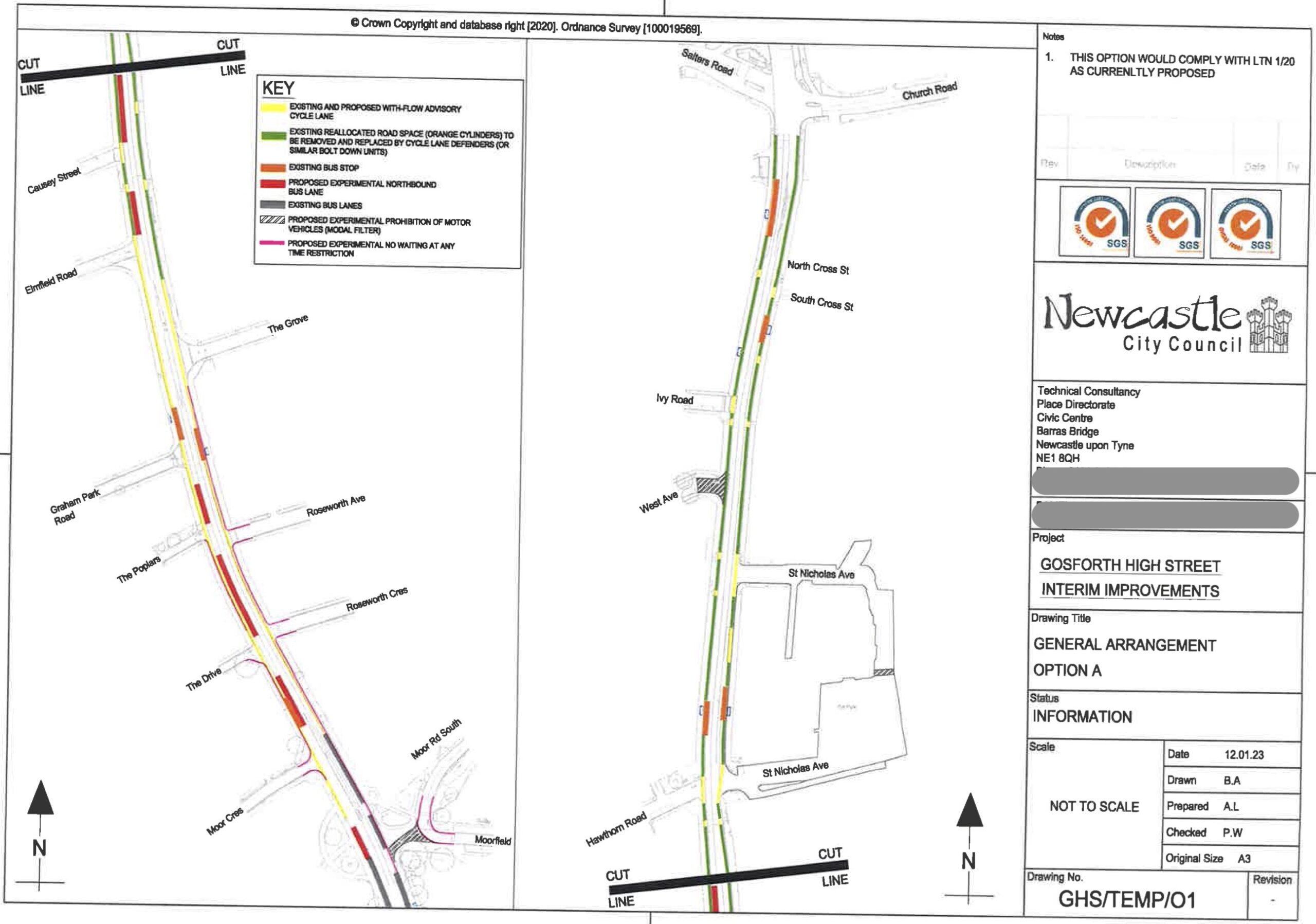 Newcastle City Council plan for Gosforth HIgh Street including protected cycle lanes through the central section