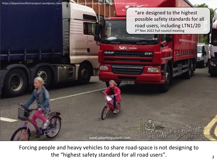 Photoshopped image of young children cycling on a road with lorries