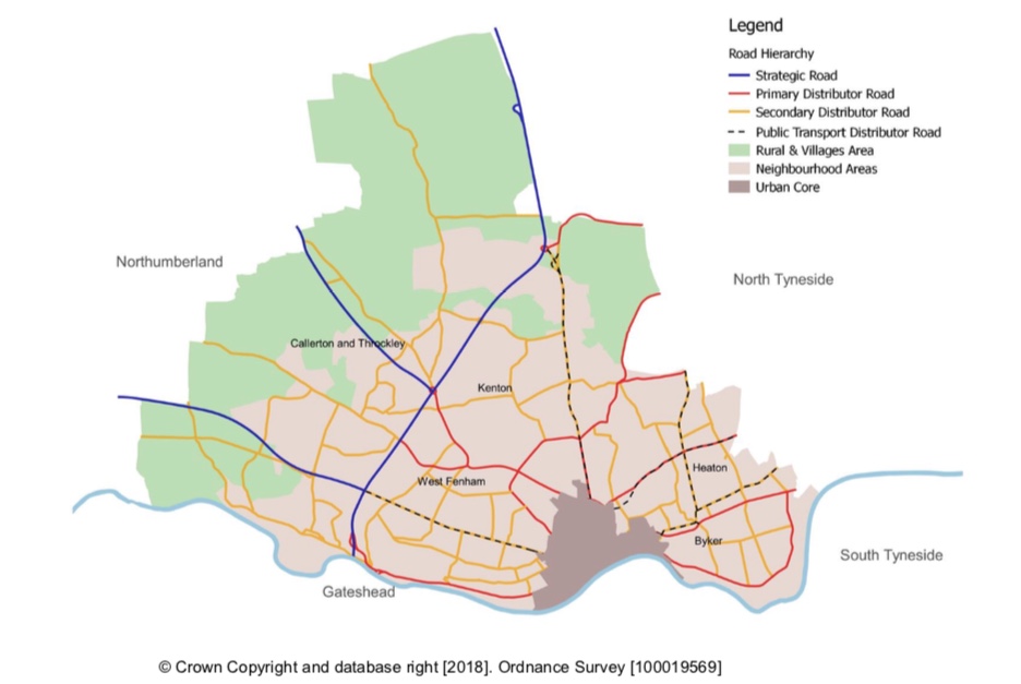 Map of Newcastle showing the local Road Hierarchy