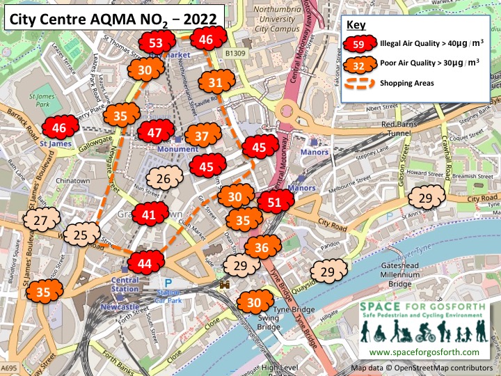 Map of Newcastle City Centre showing locations of air pollution readings. 