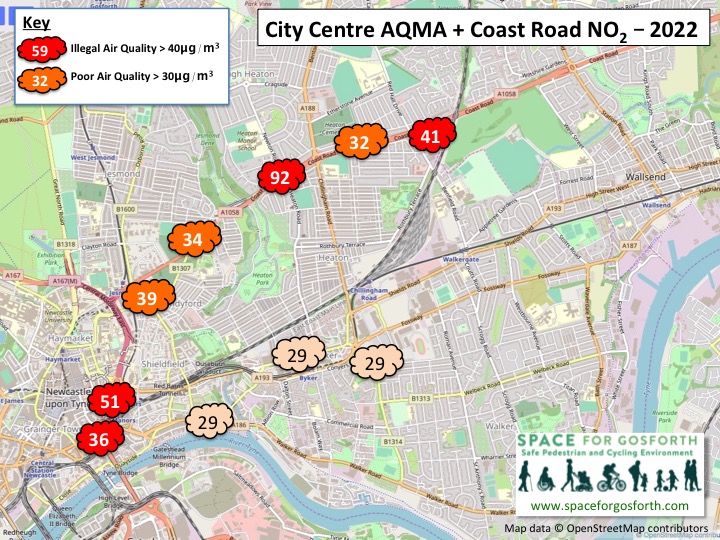 Map of Central Motorway and The Coast Road showing locations of air pollution readings. 