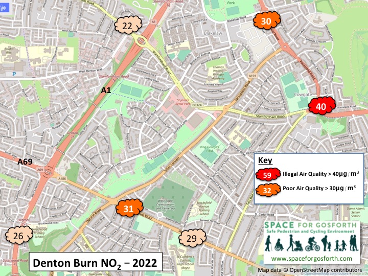 Map of Denton Burn, west of Newcastle, showing locations of air pollution readings. 