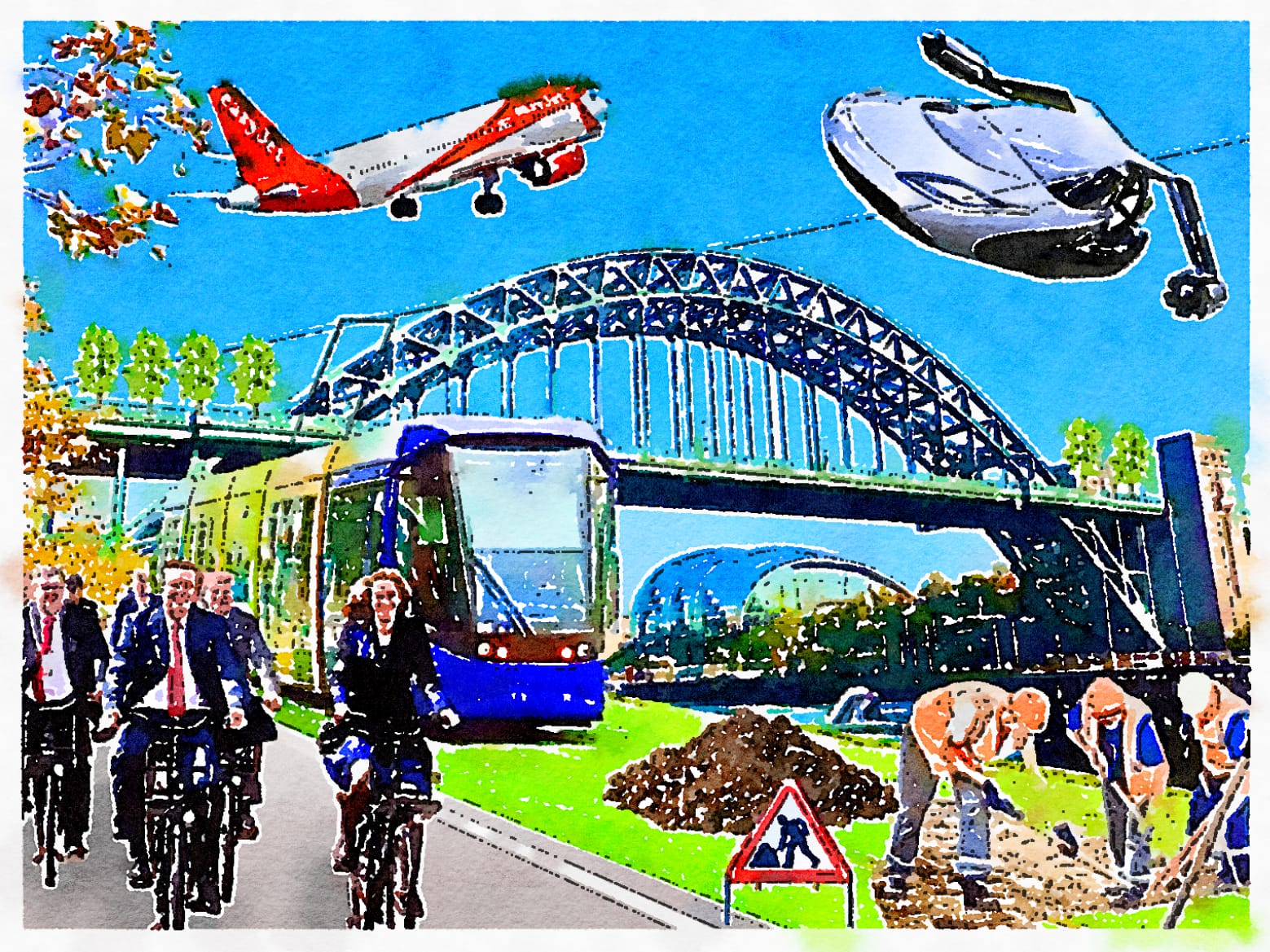 Illustration of the Quayside showing an aeroplane and flying car over the Tyne Bridge, with a tram and people cycling along the Quayside