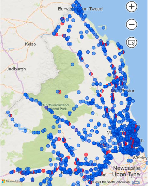 Map of road user casualties in Northumberland from 2014 to 2024 (to date)