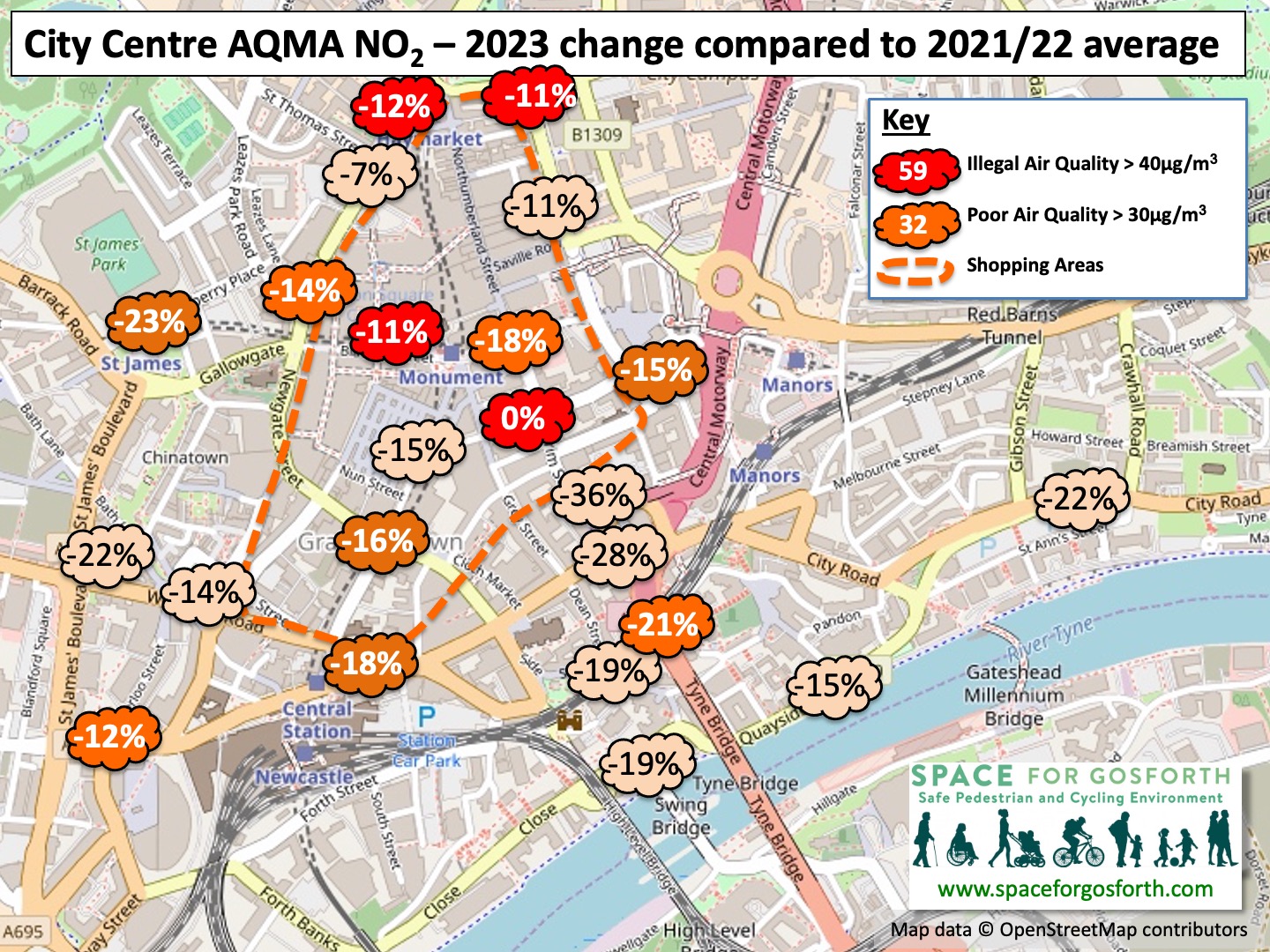 Map of Newcastle City Centre showing changes in air pollution readings. 