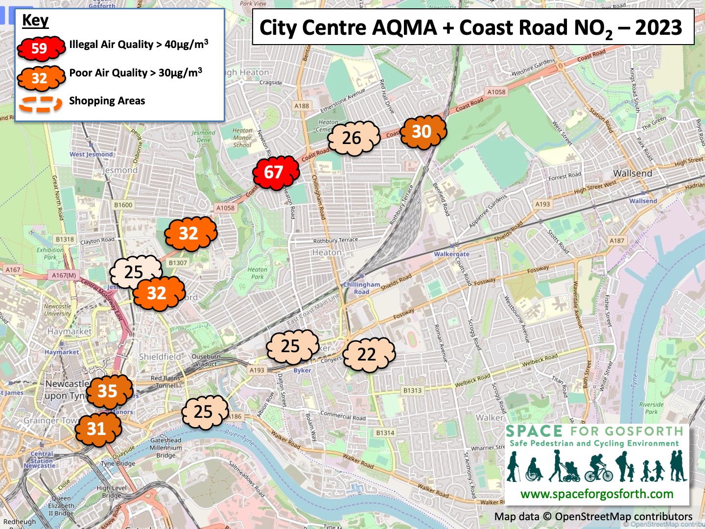 Map of Central Motorway and The Coast Road showing locations of air pollution readings. 