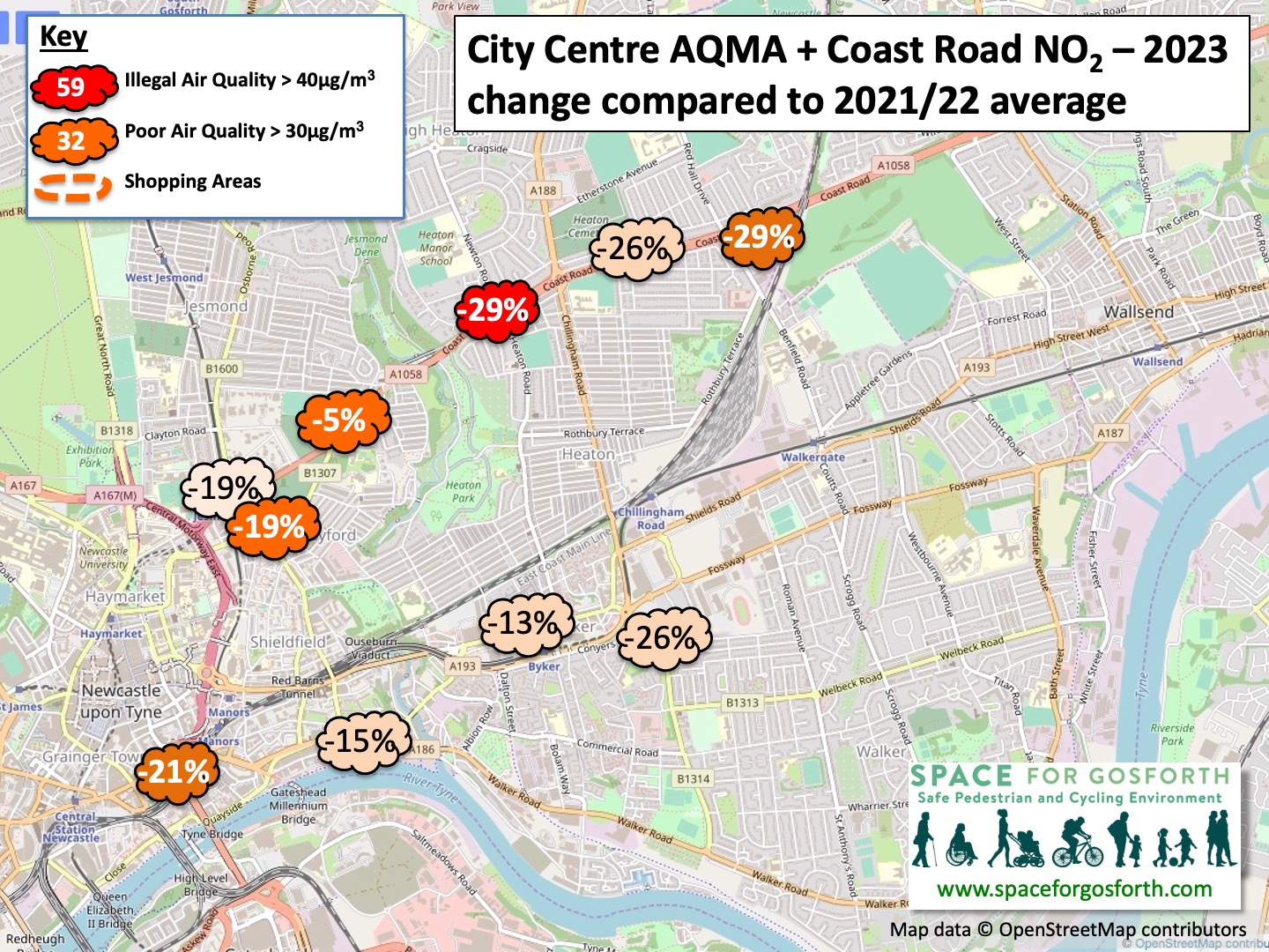 Map of Central Motorway and The Coast Road showing locations of air pollution readings and changes since 2021/2022. 