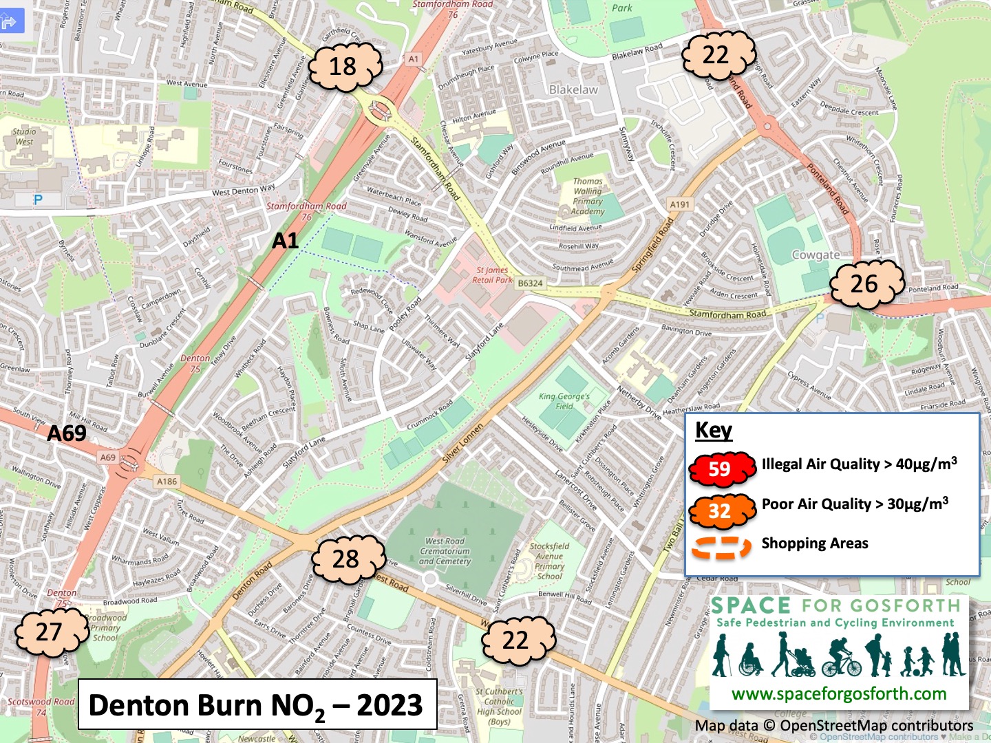 Map of Denton Burn, west of Newcastle, showing locations of air pollution readings. 