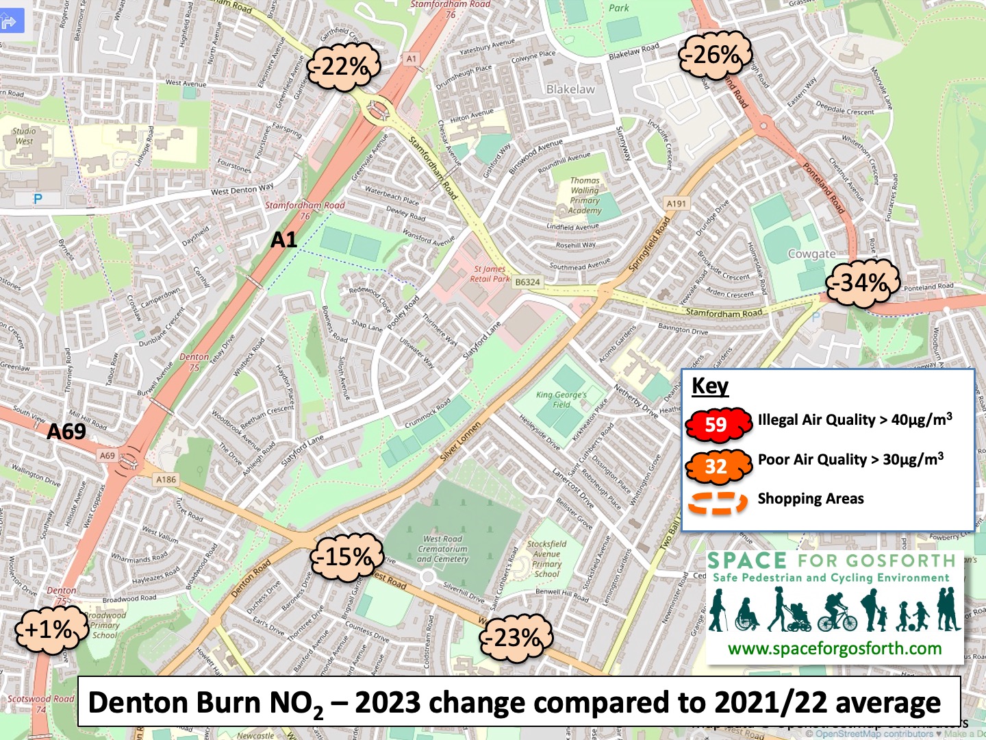 Map of Denton Burn, west of Newcastle, showing locations of air pollution readings and changes since 2021/2022.