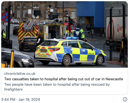 Two casualties taken to hospital after being cut out of car near to Newcastle Central Station