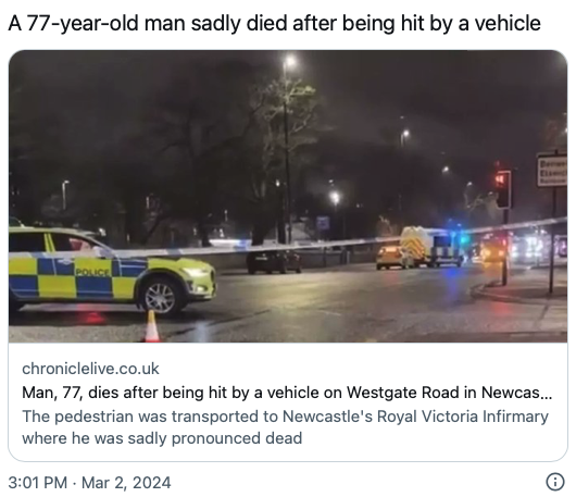 Man, 77, dies after being hit by a vehicle on Westgate Road in Newcastle