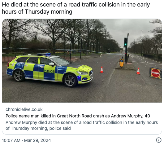 Police name man killed in Great North Road crash as Andrew Murphy, 40, from Gosforth
Andrew Murphy died at the scene of a road traffic collision in the early hours of Thursday morning