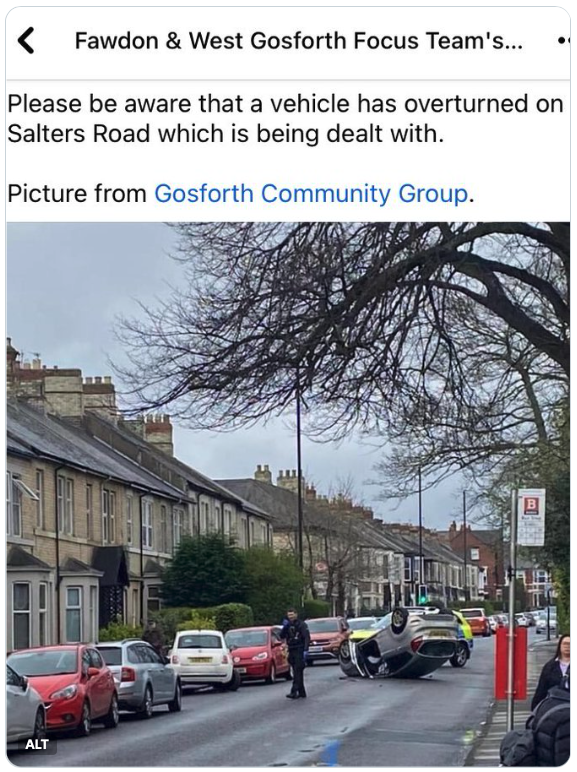 Overturned car on Salters Road