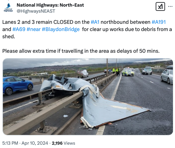 Lanes 2 and 3 remain CLOSED on the #A1 northbound between #A191 and #A69 #near #BlaydonBridge  for clear up works due to debris from a shed.