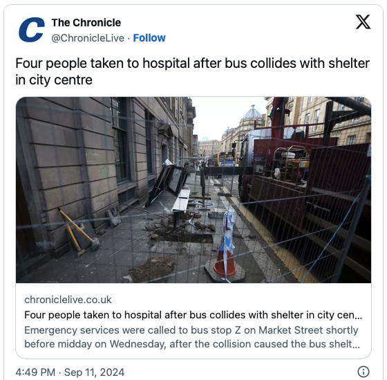 Four people taken to hospital after bus collides with shelter in Newcastle city centre, causing it to collapse