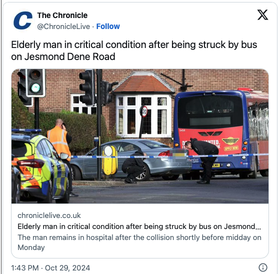 Elderly pedestrian in critical condition after being struck by bus on Jesmond Dene Road